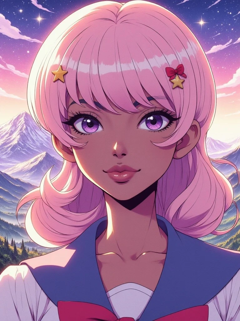 A pink-haired anime girl with violet eyes and star-shaped hair clips smiles softly with mountains and a glowing sky behind her.