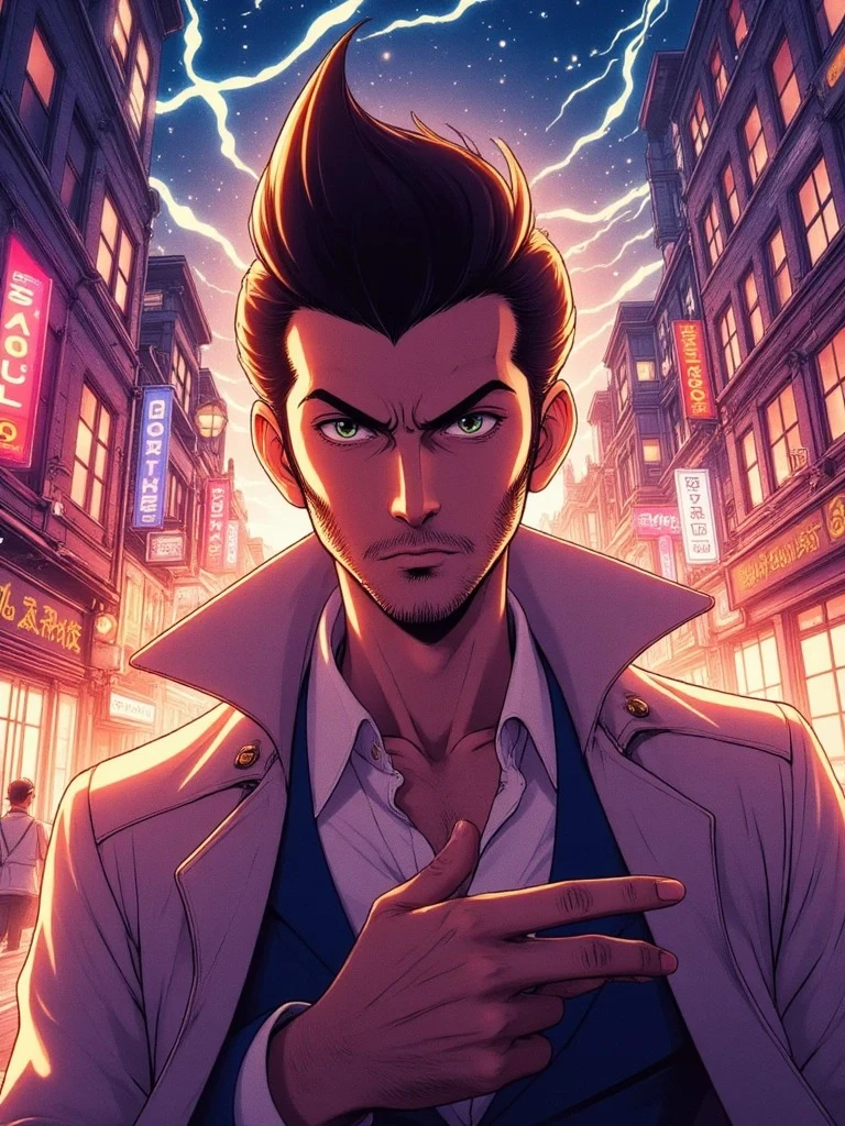 A sharp-featured anime man with spiky hair and a dramatic pose stands in a neon city street, lightning cracking above him.