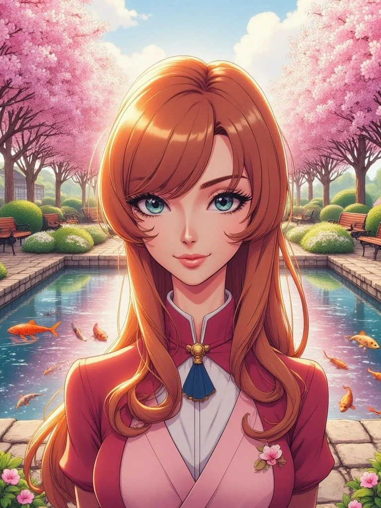 A red-haired anime girl in a traditional-style outfit smiles by a koi pond surrounded by blooming cherry blossom trees.