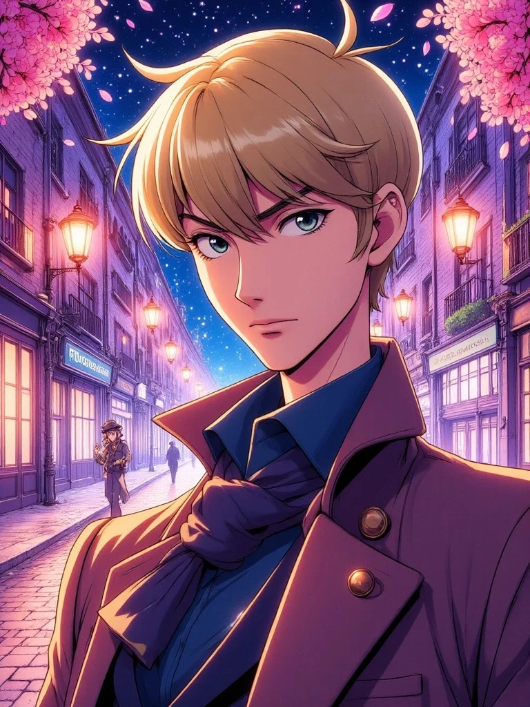 A blonde anime boy in a tan trench coat stands on a lantern-lit street lined with cherry blossoms, under a starry evening sky.