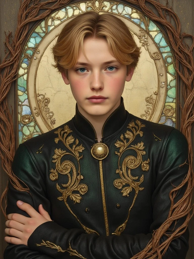 A young man with golden hair in a black and gold embroidered jacket poses in front of a circular Art Nouveau frame entwined with branches.
