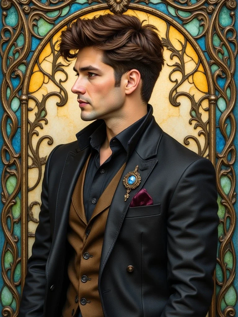 A man with styled dark hair wearing a black suit and brown vest stands in profile before an ornate stained glass background with golden curves.