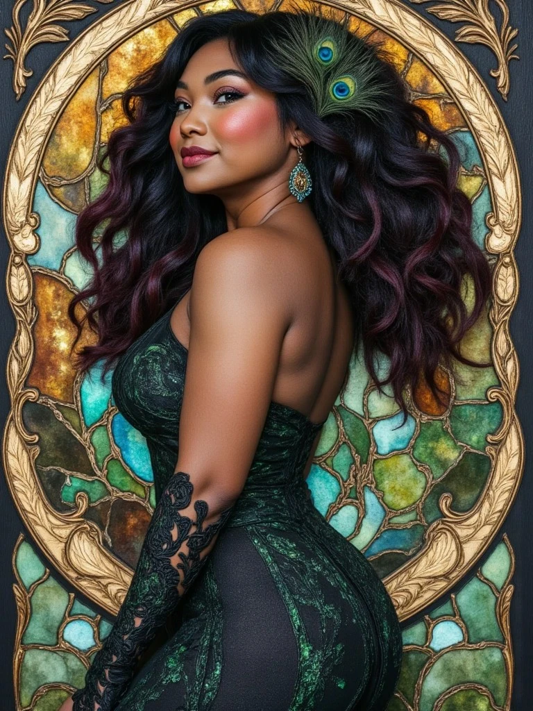 A woman in a dark green lace gown with voluminous curls and peacock feather accessories poses gracefully before a glowing floral motif.