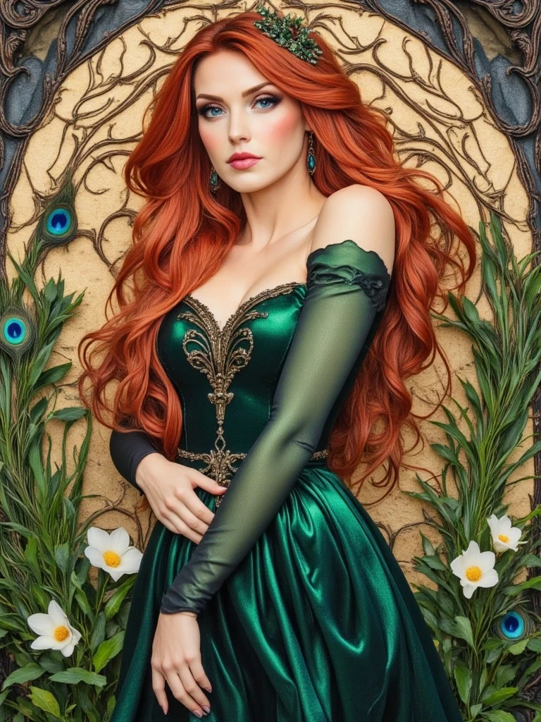 A red-haired woman in a flowing green dress stands in front of an intricate Art Nouveau panel, surrounded by peacock feathers and white flowers.