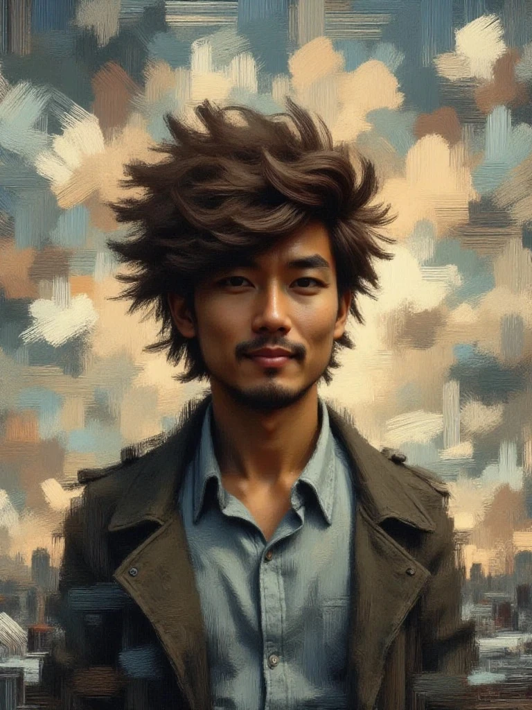 A man with tousled hair and a calm expression stands before a painterly abstract background, wearing a denim shirt and green jacket.