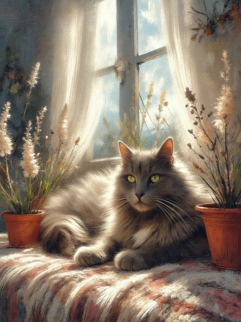 A fluffy gray cat lounges on a floral bedspread by a sunlit window, framed by dried flowers and soft white curtains.