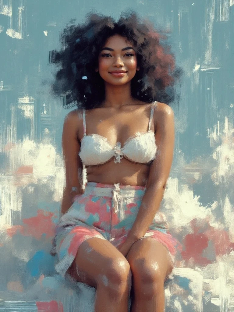 A young woman with voluminous curly hair smiles gently, wearing a white lace crop top and pastel shorts, painted with bold brushstrokes on a blue backdrop.
