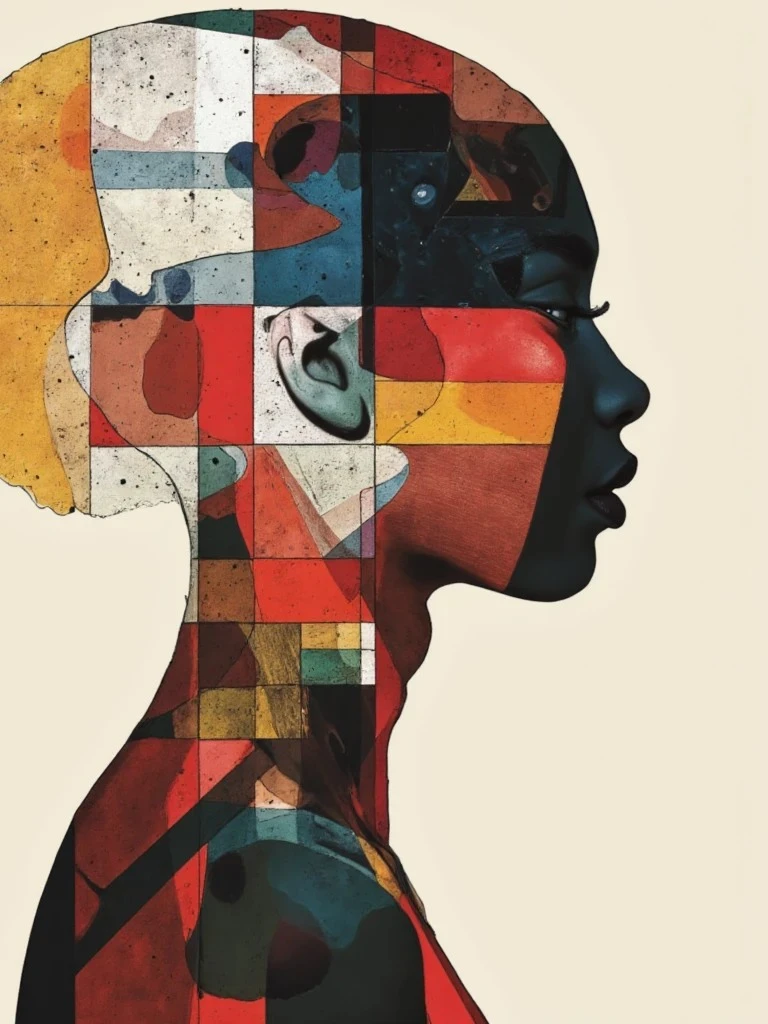 A stylized side profile of a woman overlaid with abstract geometric shapes in red, yellow, and black, blending human form with modernist collage.