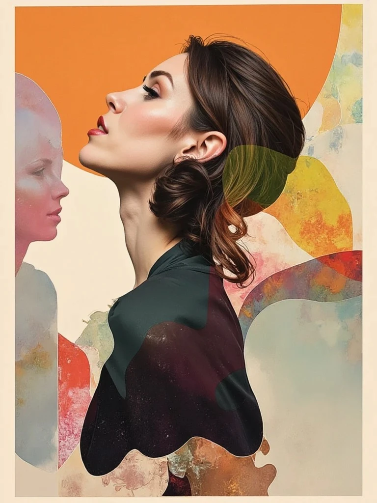 A surreal double-exposure portrait of a woman in profile, dissolving into abstract color swirls and overlapping translucent faces.
