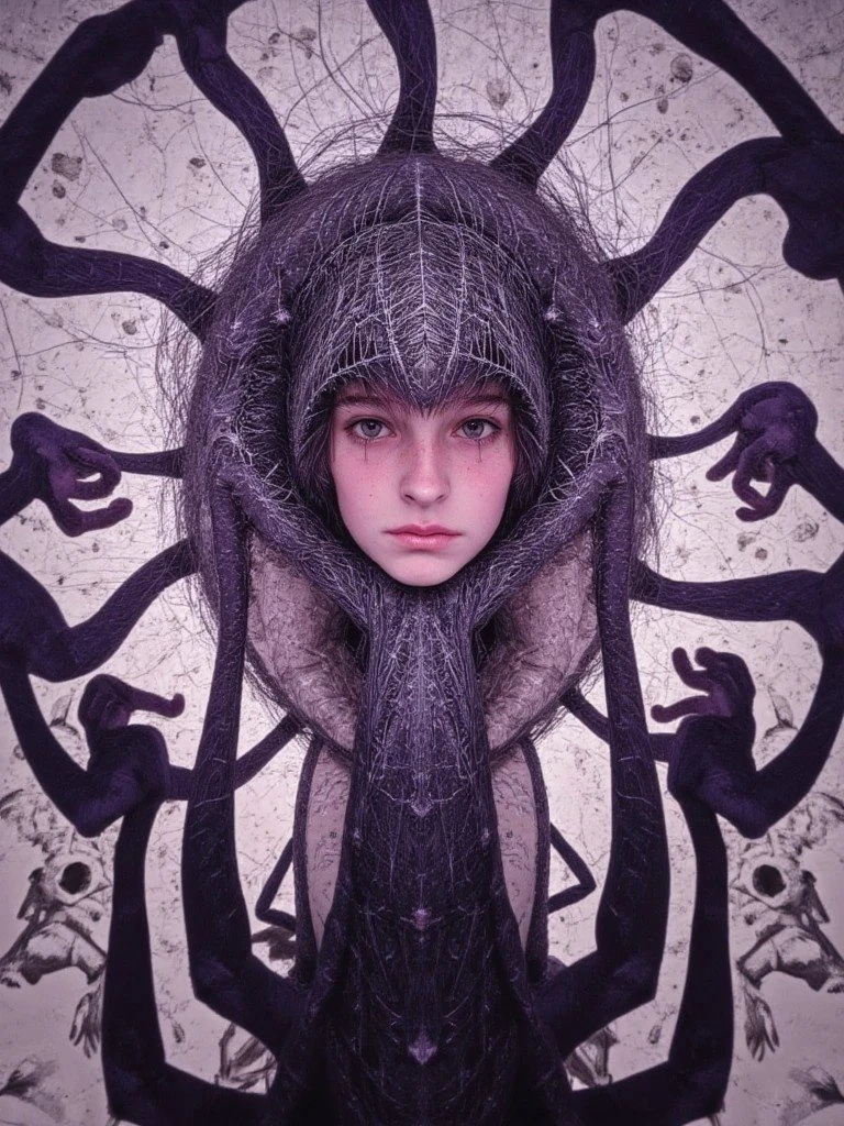 A mirrored, gothic-style illustration of a solemn girl surrounded by branching dark tendrils and shadowy figures, evoking a dreamlike mood.