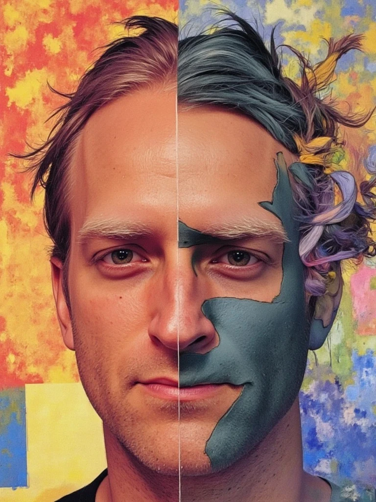 A split portrait of a man, with one half realistic and the other side painted in abstract blue and purple strokes over a textured, colorful backdrop.