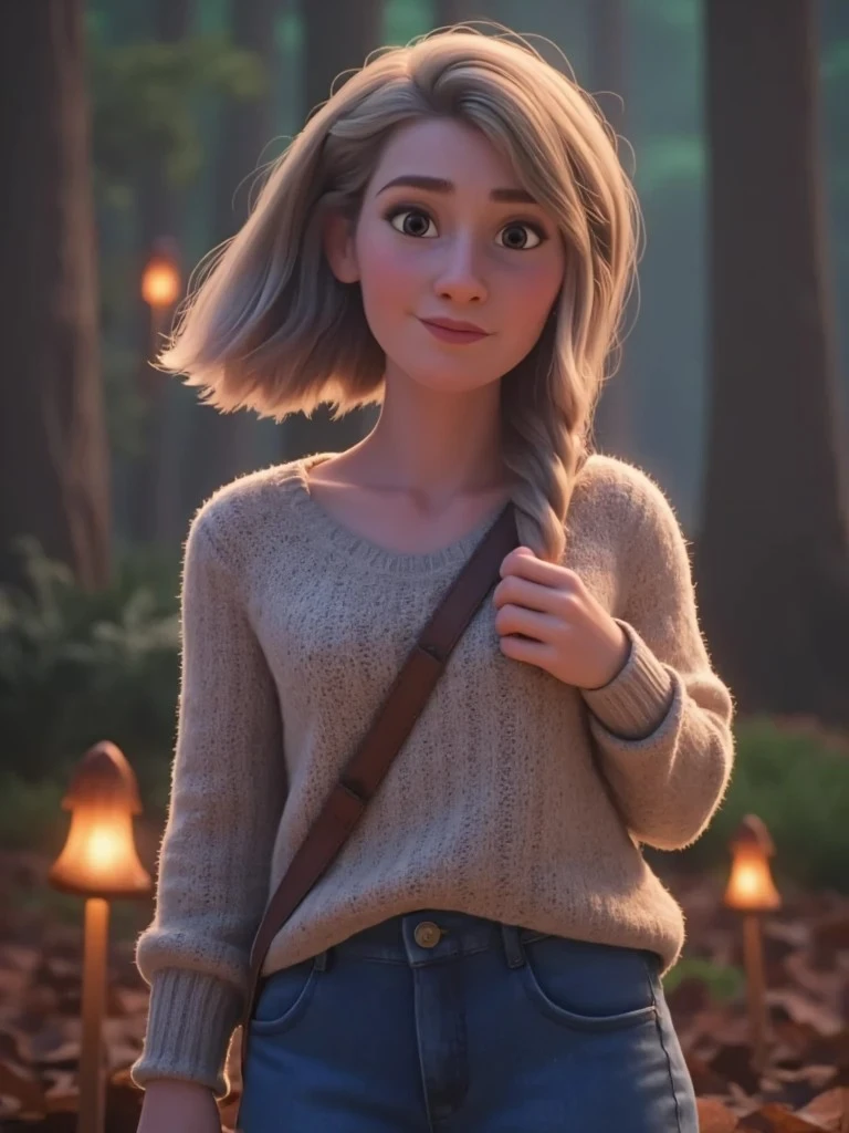 A 3D animated young woman with a side braid stands in a softly lit forest, wearing a cozy sweater and crossbody bag, with lanterns glowing around her.