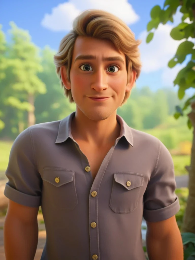 A 3D animated man with tousled blond hair smiles warmly in a sunlit forest clearing, wearing a button-up short-sleeve shirt.