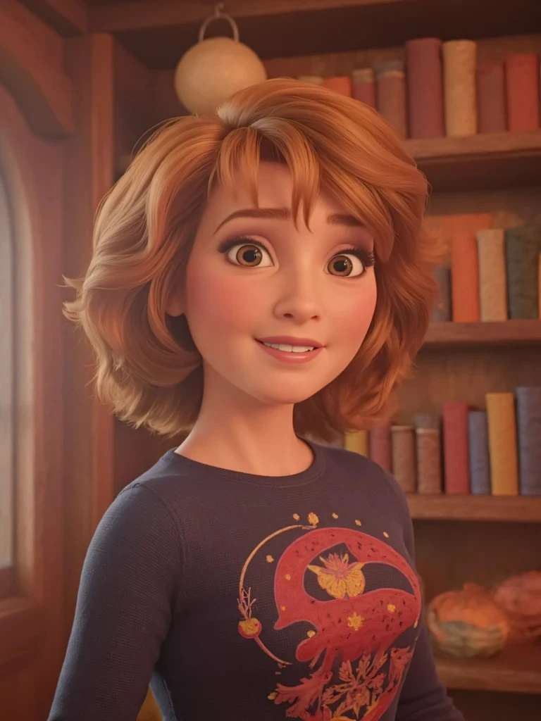 A cheerful 3D animated woman with short red hair poses in front of a bookshelf, wearing a dark shirt with a stylized dragon design.