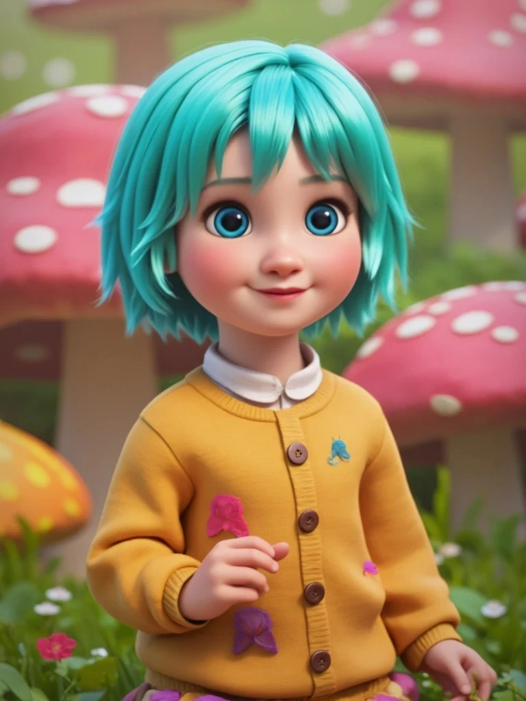 A 3D animated girl with teal hair and big expressive eyes stands among giant pink mushrooms, wearing a yellow sweater decorated with colorful bows.