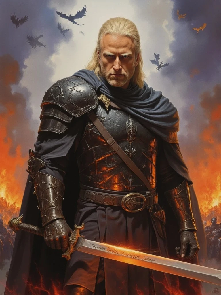 A silver-haired warrior in dark armor grips a glowing sword, standing before a fiery battlefield as bats and embers swirl behind him.