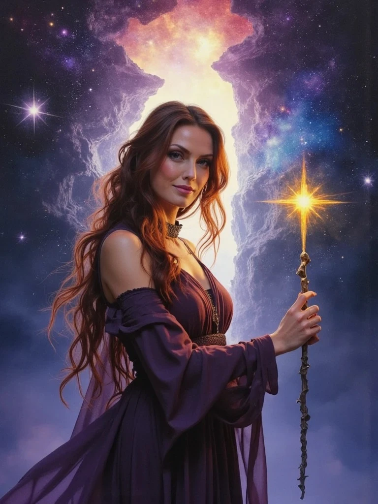 A sorceress in a flowing purple gown holds a glowing staff, framed by a cosmic rift of swirling stars and radiant light.