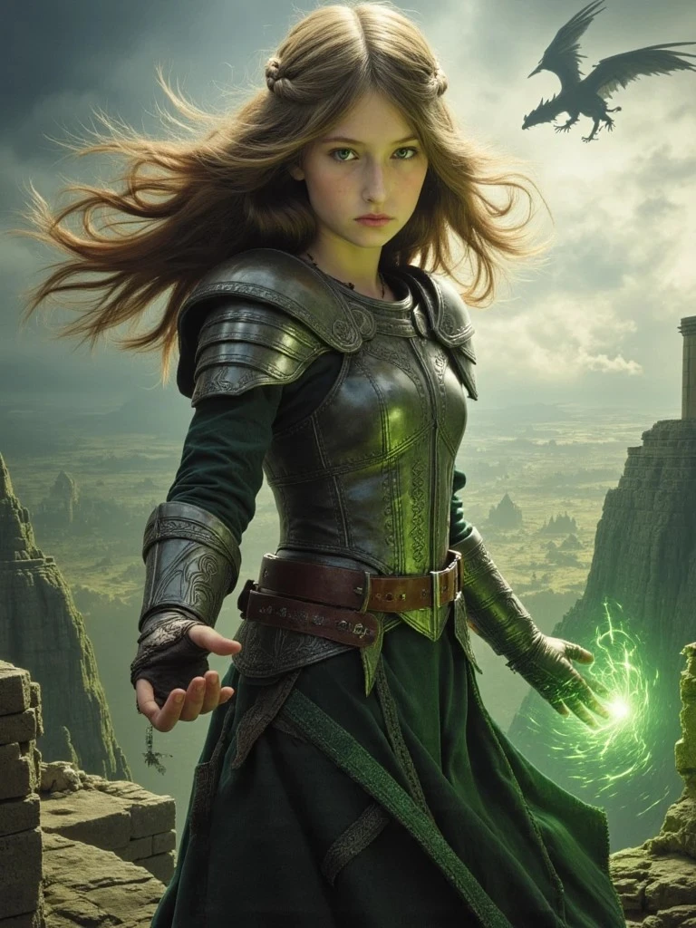 A young mage in green and silver armor summons glowing green magic in a cliffside battle, as a dragon soars overhead.
