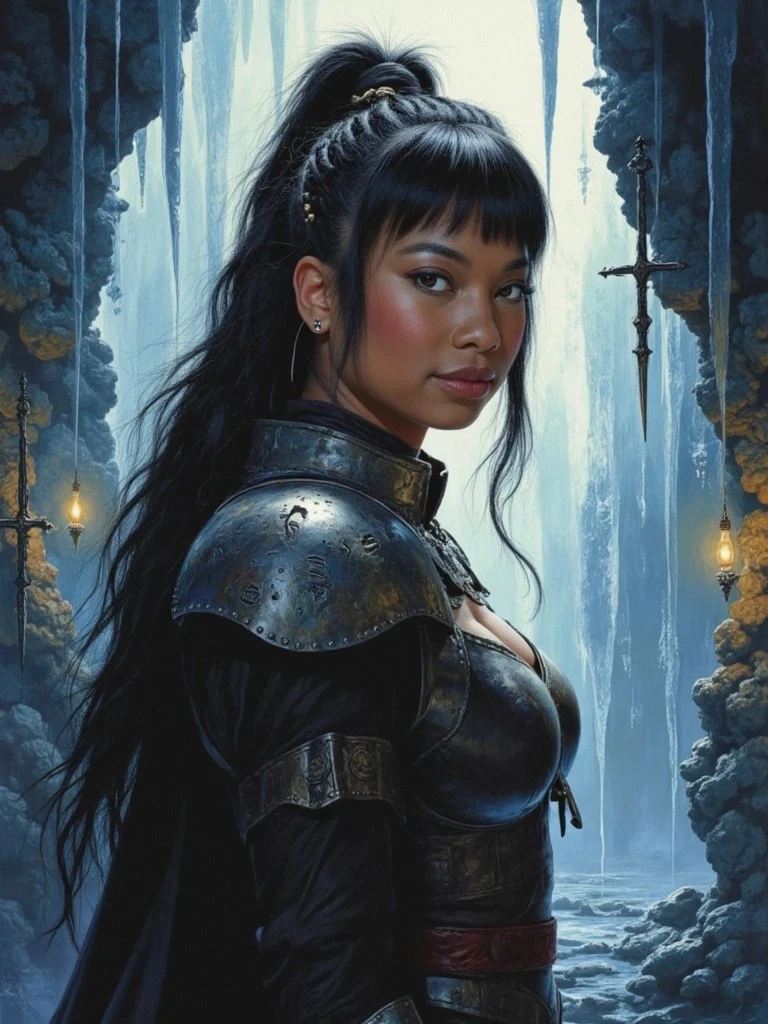 A woman in black armor with a high ponytail stands in a frozen cave, surrounded by icy pillars and glowing swords embedded in stone.