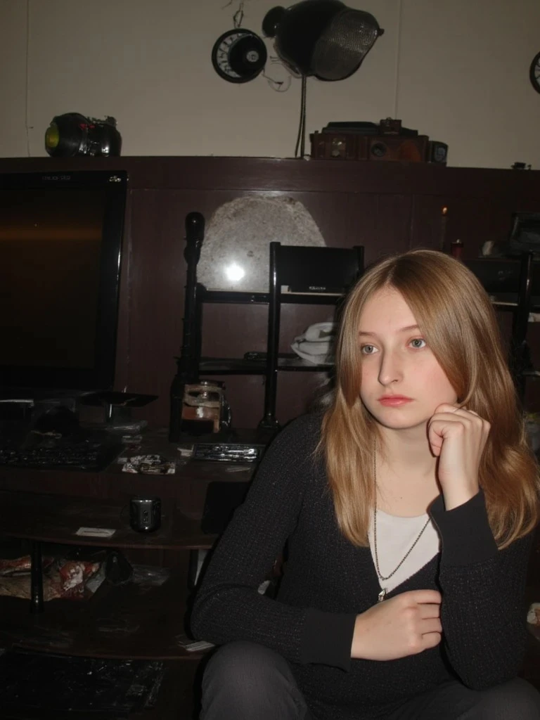 A young woman with long blonde hair sits indoors in casual clothing, resting her chin on her hand in a dimly lit room with shelves behind her.