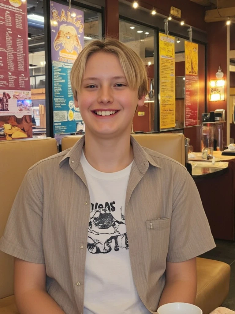 A smiling blonde teen in a short-sleeved shirt and graphic tee sits at a booth in a brightly lit cafe with colorful menus on the wall.