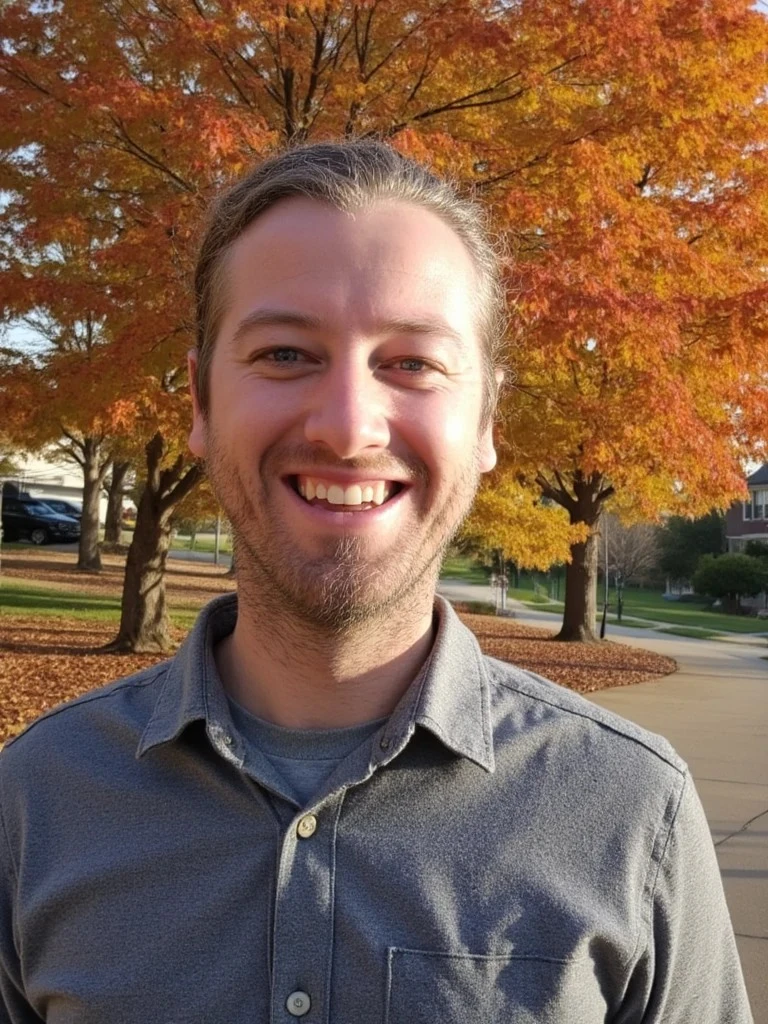 A man with short hair and a beard smiles outdoors on a sunny day, standing in front of vivid orange autumn trees in a suburban neighborhood.