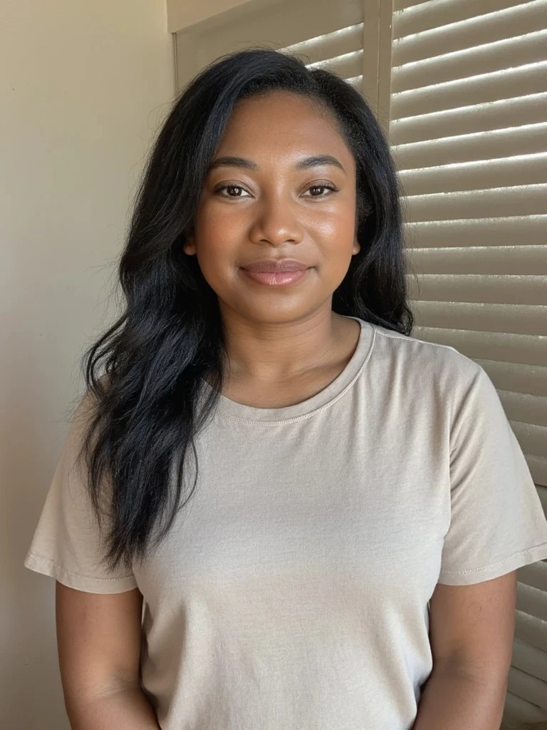 A woman with long black hair smiles gently indoors, standing in front of white window blinds while wearing a beige t-shirt.