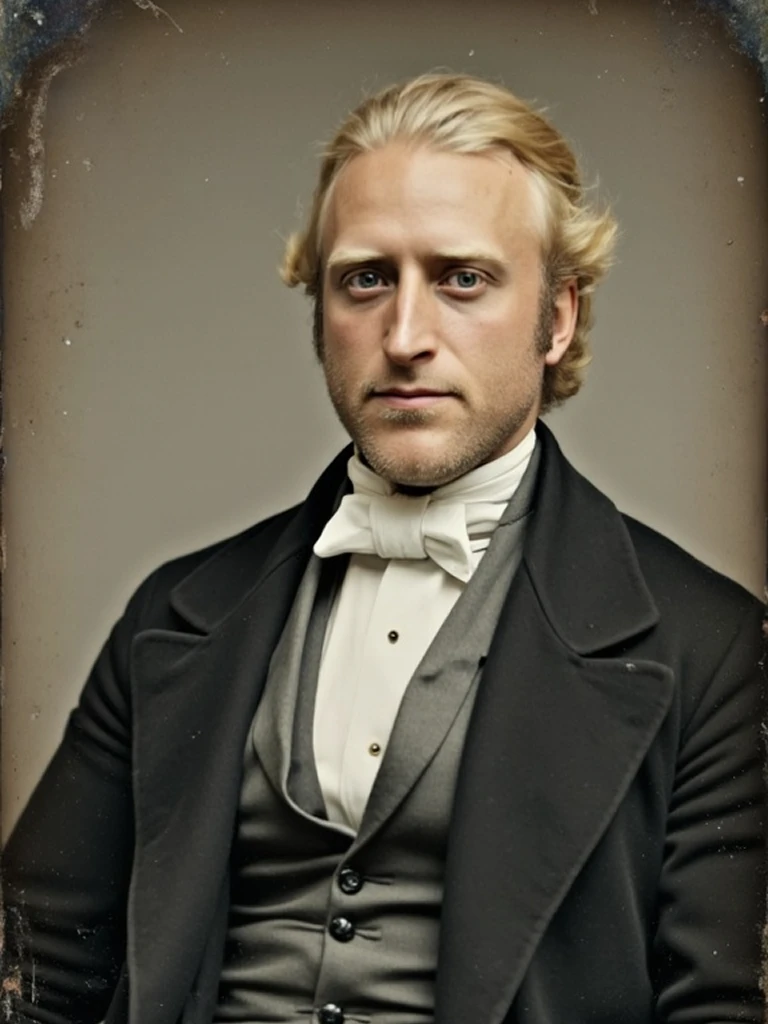 A stern-looking man with blond hair in formal 19th-century attire, seated for a vintage studio portrait with a worn photo frame.
