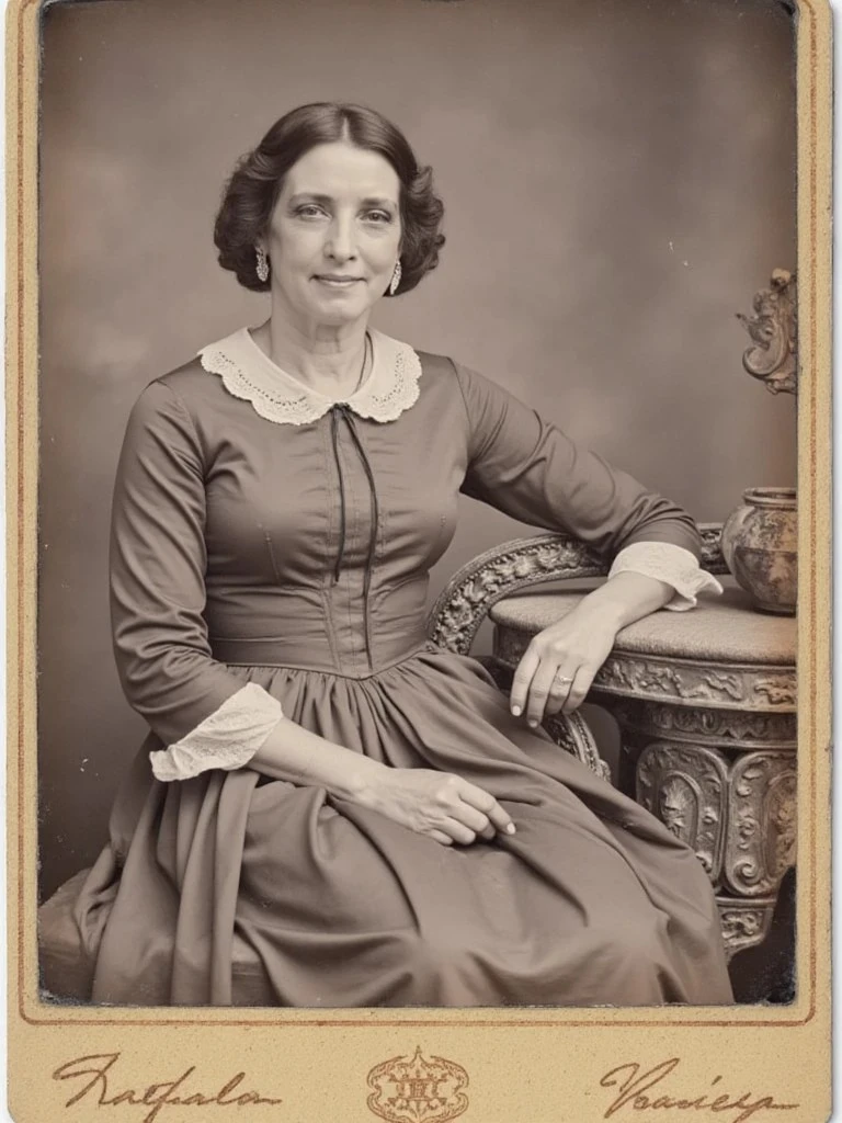 A woman in a long-sleeved dress with a lace collar poses beside an ornate table, captured in a sepia-toned antique photograph.