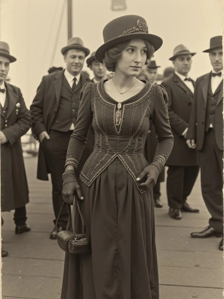 A woman in an Edwardian gown and wide-brimmed hat stands in a crowd of men in suits, looking off to the side in a historical street scene.