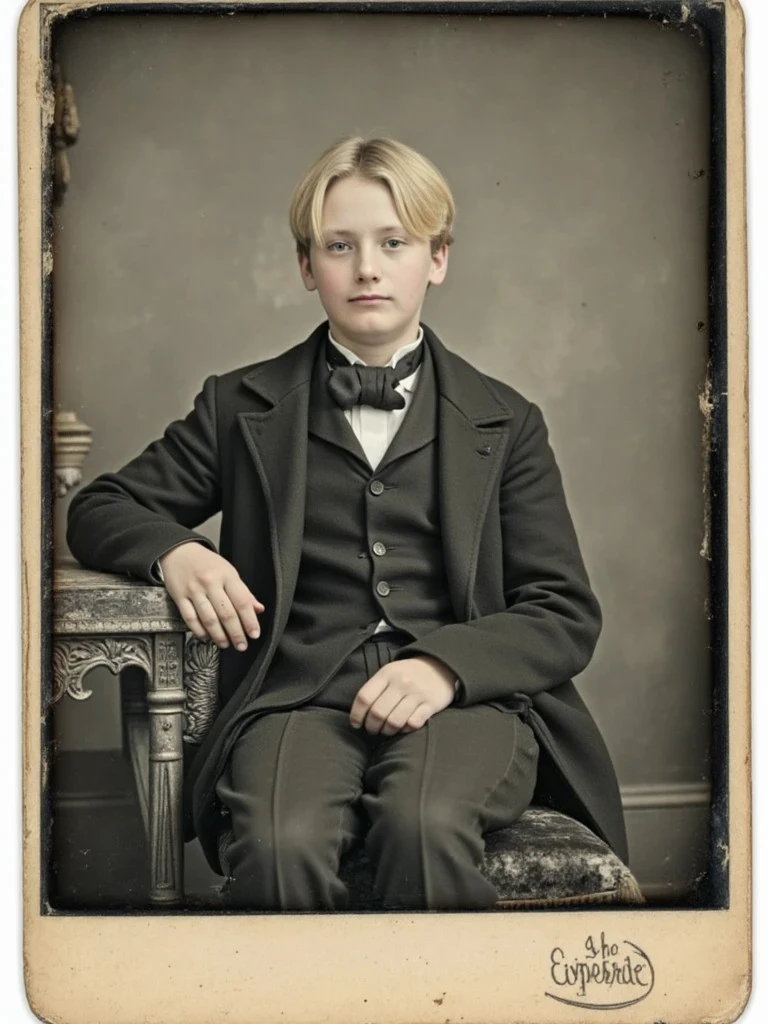 A young boy in a suit and bowtie sits in an antique chair for a formal portrait, framed in a faded vintage photo card.