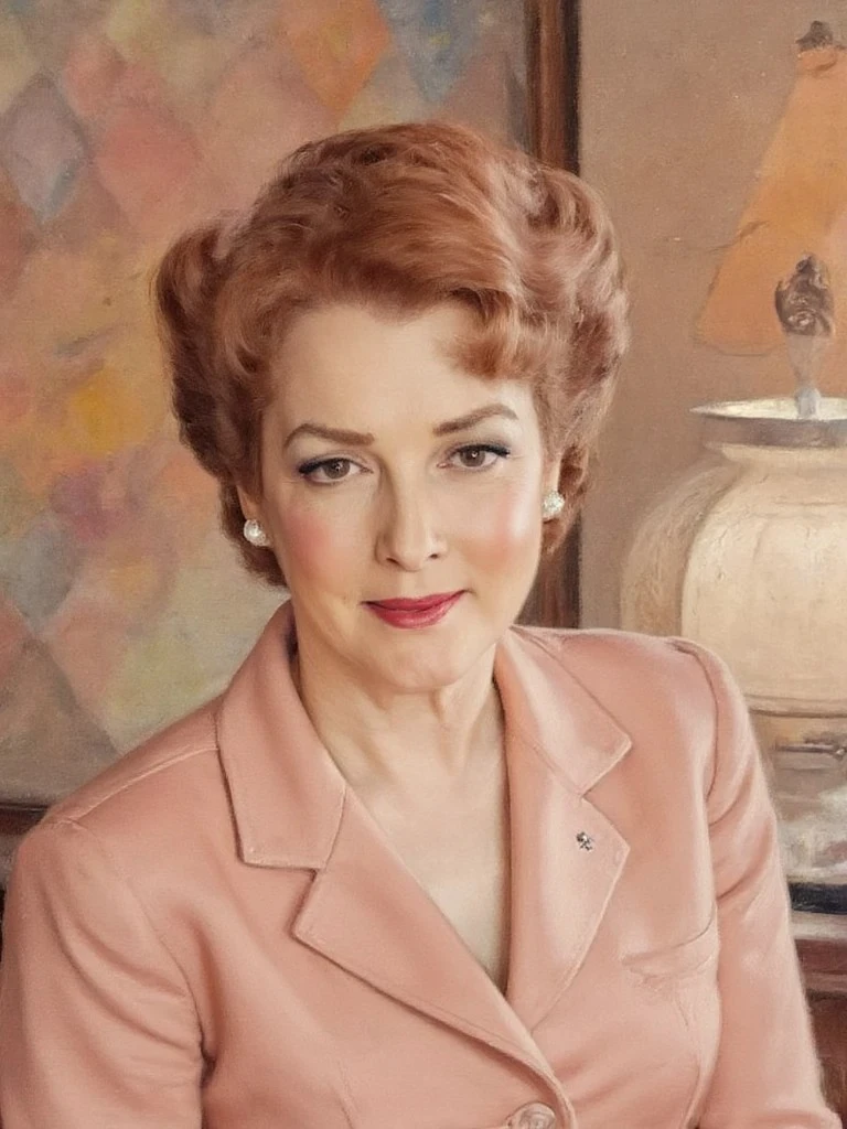 A woman with styled auburn hair and pearl earrings poses indoors in a salmon pink suit, painted with soft lighting and vintage textures.