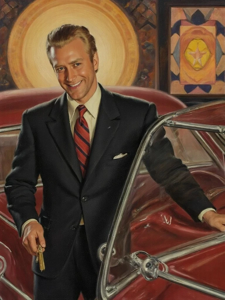 A smiling man in a black suit and red striped tie leans on a vintage red car, with mid-century patterns and warm tones in the background.