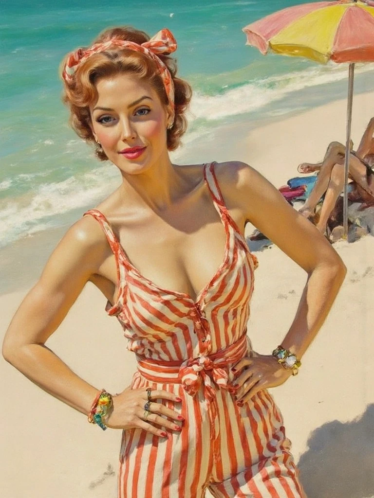 A retro pin-up woman in a red and white striped romper poses confidently on a sunny beach, with an umbrella and beachgoers behind her.