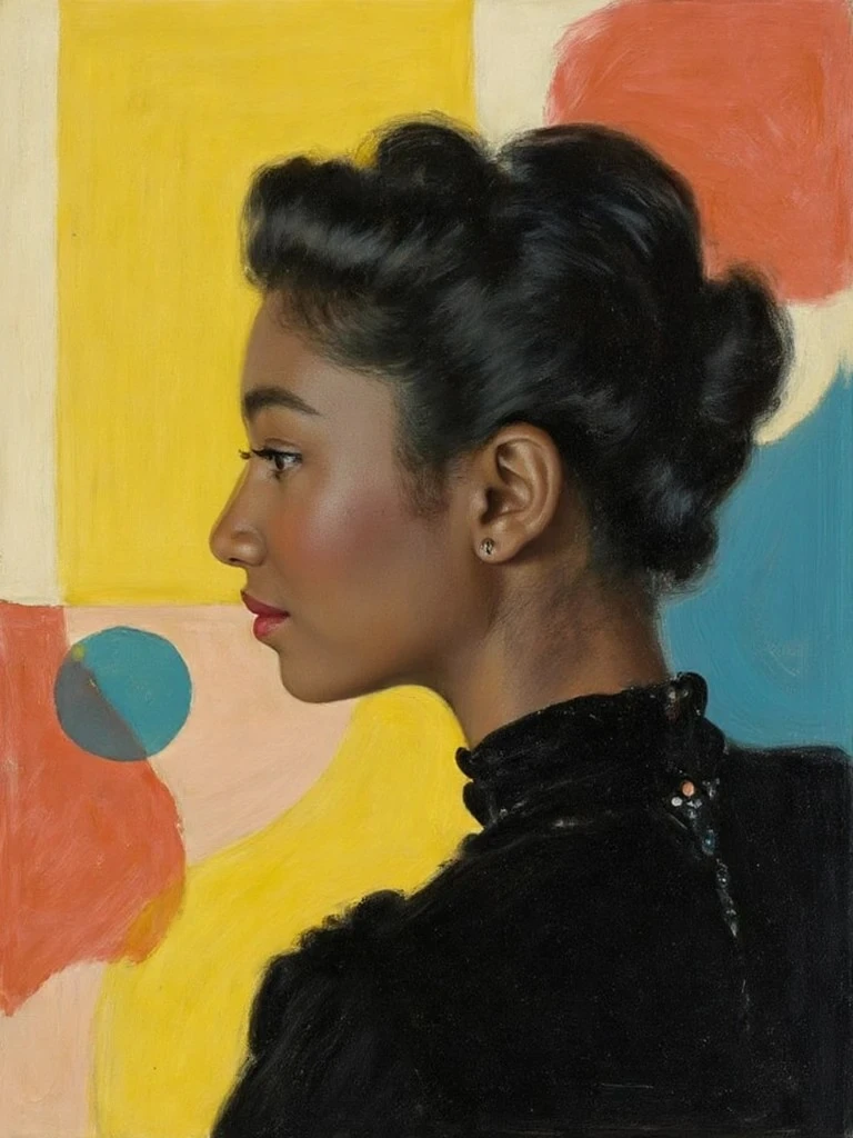 A woman in profile with styled black hair and pearl earrings is painted against a bold mid-century modern background of geometric shapes and colors.