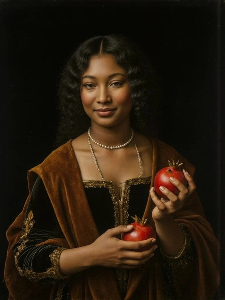 A woman in a brown and gold Renaissance gown holds two pomegranates, posed serenely against a dark backdrop with soft lighting.