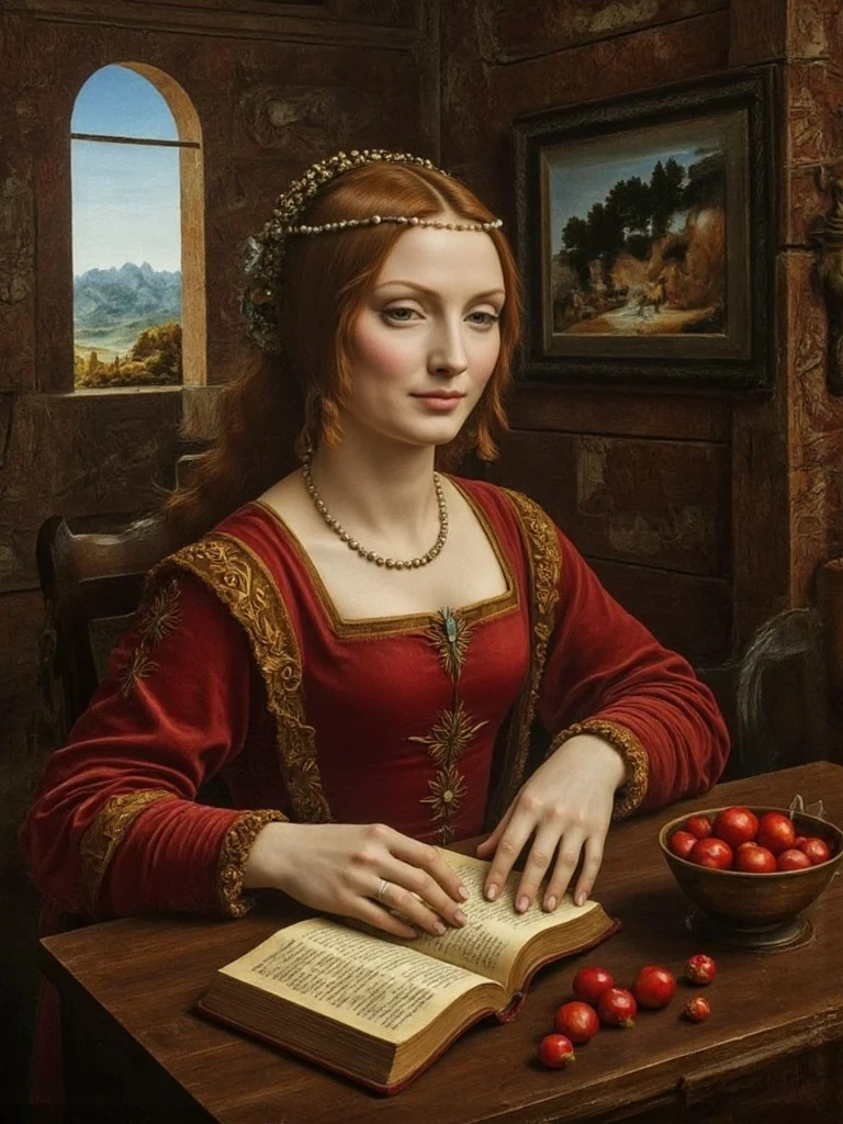 A red-haired woman in a richly embroidered dress reads a book beside a bowl of cherries, seated in a chamber with a scenic arched window.