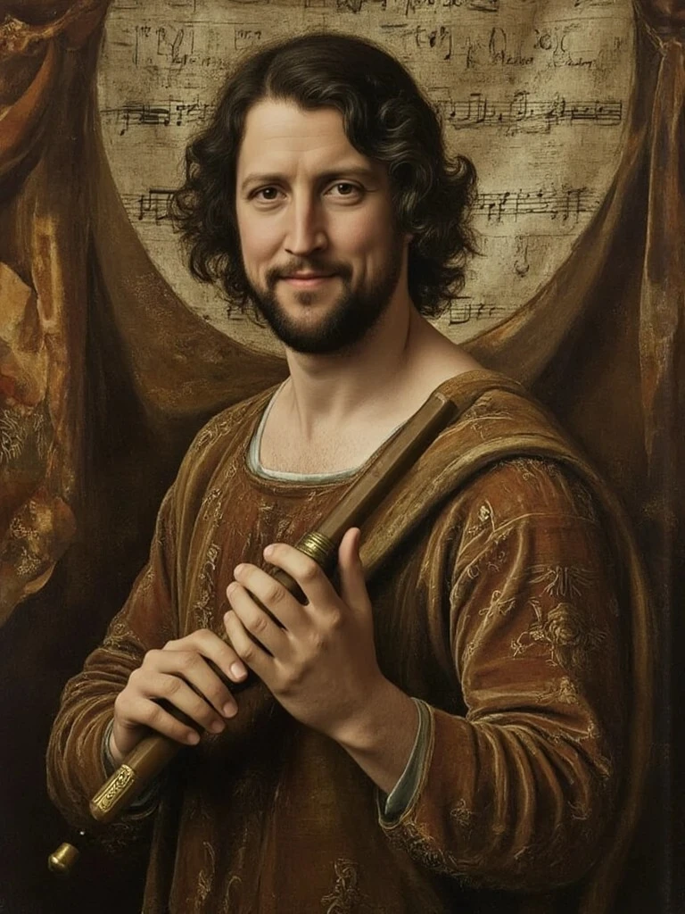 A man in a brown Renaissance robe holds a wooden flute in front of a curtain with musical notation, smiling slightly at the viewer.