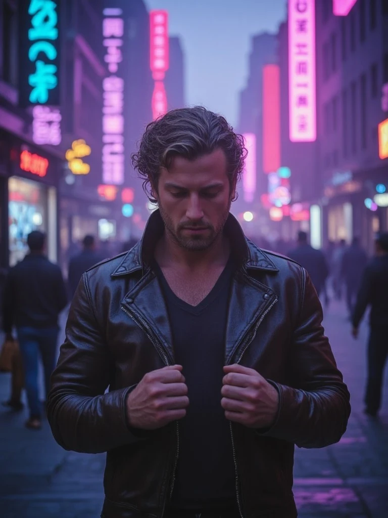 A man in a black leather jacket stands in a neon-lit city street, head lowered, surrounded by glowing signs and a cyberpunk atmosphere.