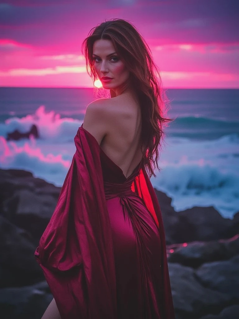 A woman in a flowing red gown poses confidently on a rocky shoreline at sunset, bathed in pink and purple twilight hues.
