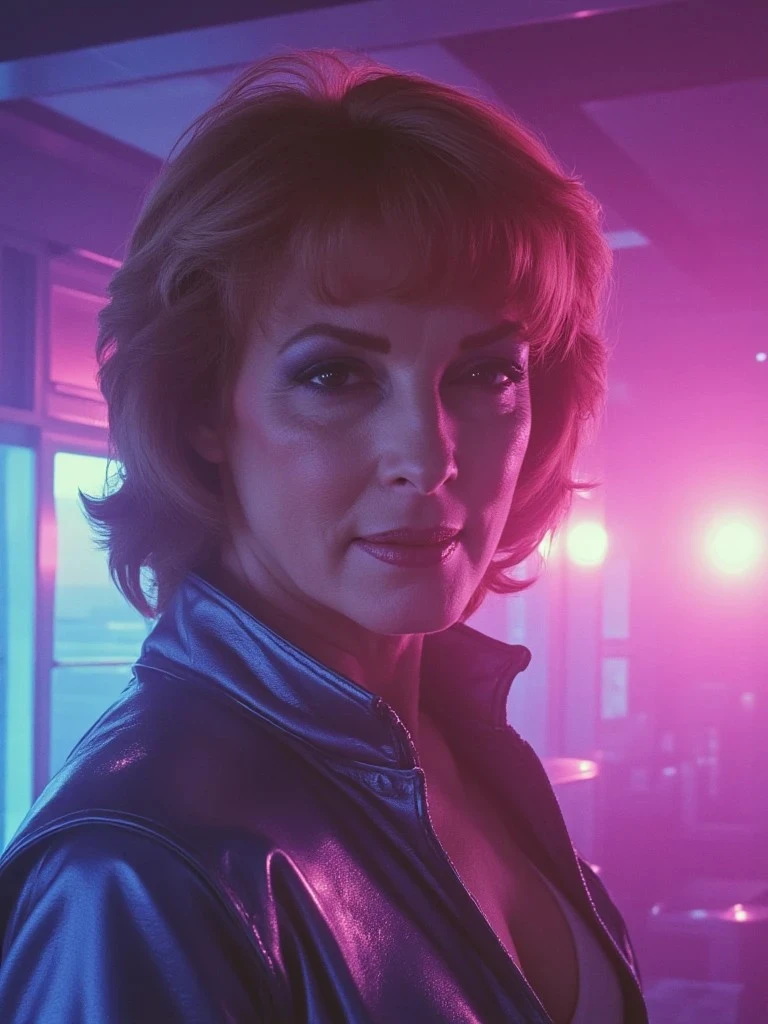 A woman with styled red hair and metallic makeup stands under glowing magenta lights, wearing a shiny blue jacket in a retro-futuristic bar.