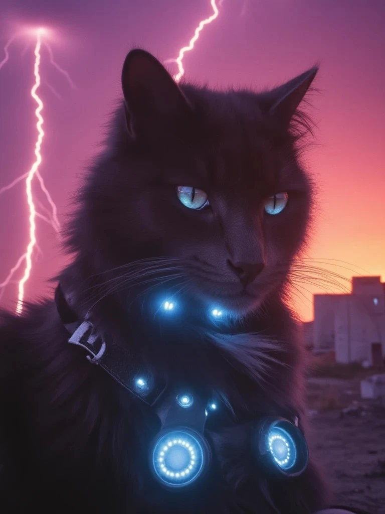 A black cat with glowing blue cybernetic gear stares into the distance, lightning cracking behind it as the sky burns with neon sunset colors.