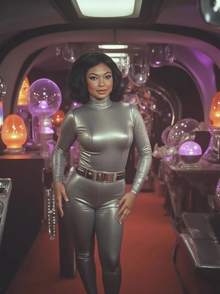 A woman in a shiny silver spacesuit stands confidently in a retro-futuristic spaceship interior glowing with colorful orb lights.