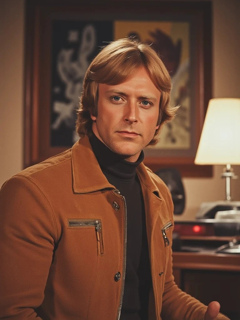 A man with feathered blonde hair wears a tan jacket and black turtleneck, seated in a mid-century sci-fi control room.