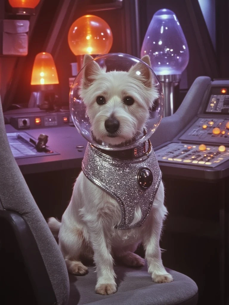 A small white dog in a silver space outfit and bubble helmet sits in the captain's chair of a retro spaceship cockpit filled with glowing controls.